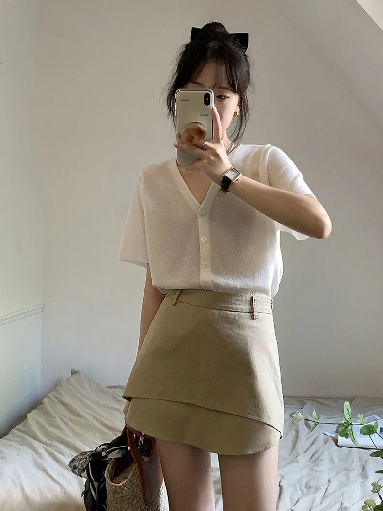 [Korean Style] Khaki High Waist Layered A-Line Short Skirt