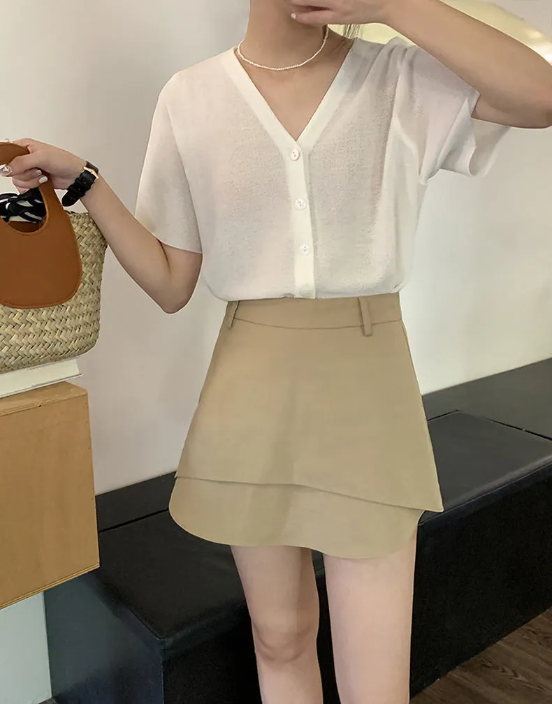 [Korean Style] Khaki High Waist Layered A-Line Short Skirt