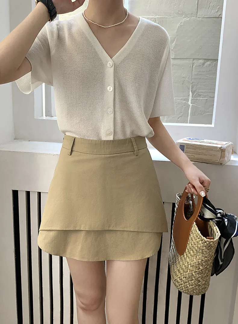 [Korean Style] Khaki High Waist Layered A-Line Short Skirt