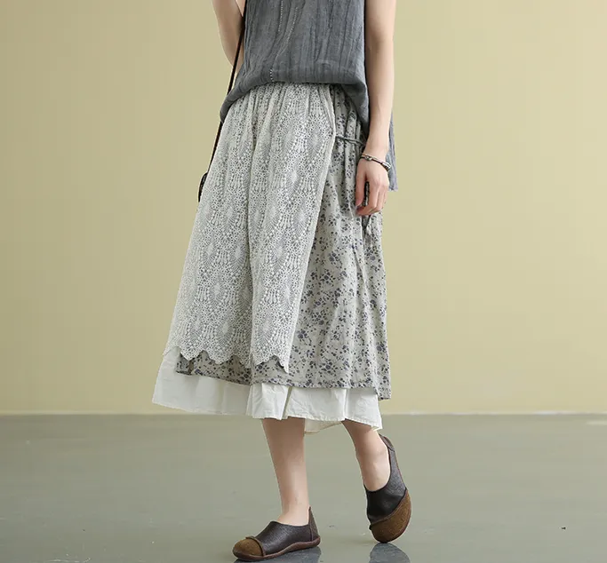 lace Casual Cotton Linen loose fitting Women's Skirts DZA2007213