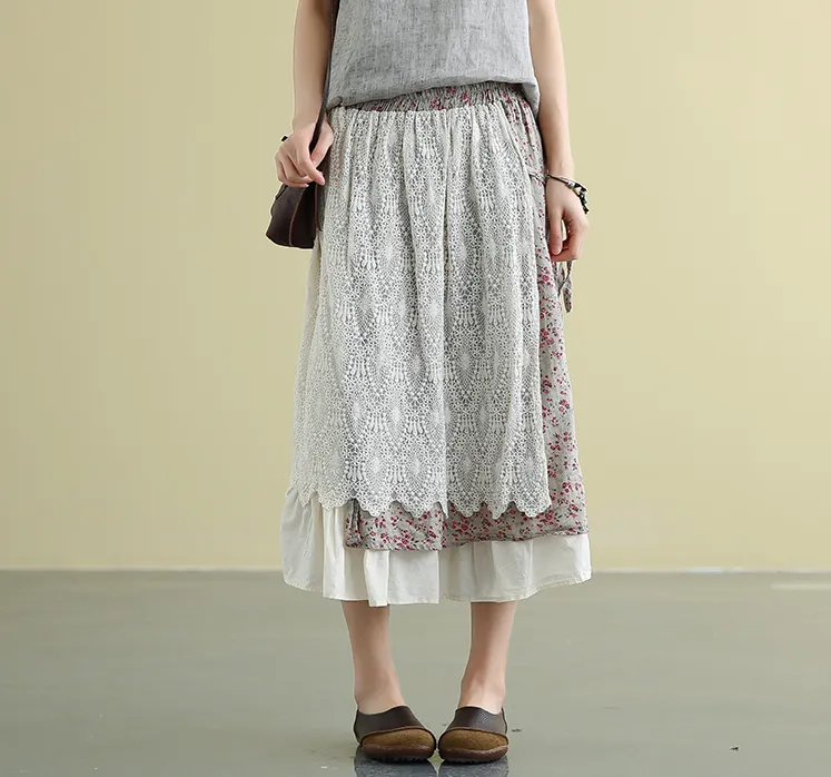 lace Casual Cotton Linen loose fitting Women's Skirts DZA2007213