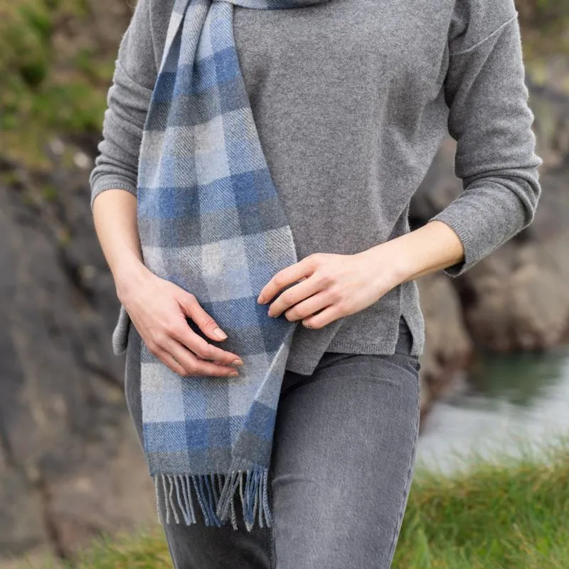 Lambswool Scarf - Blue and Grey Block Check - John Hanly