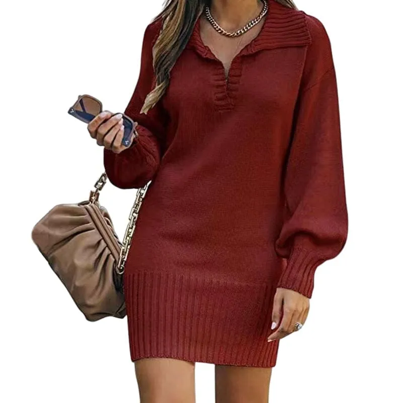 Lapel Lantern Sleeve Knit Solid Color Sweater Dress