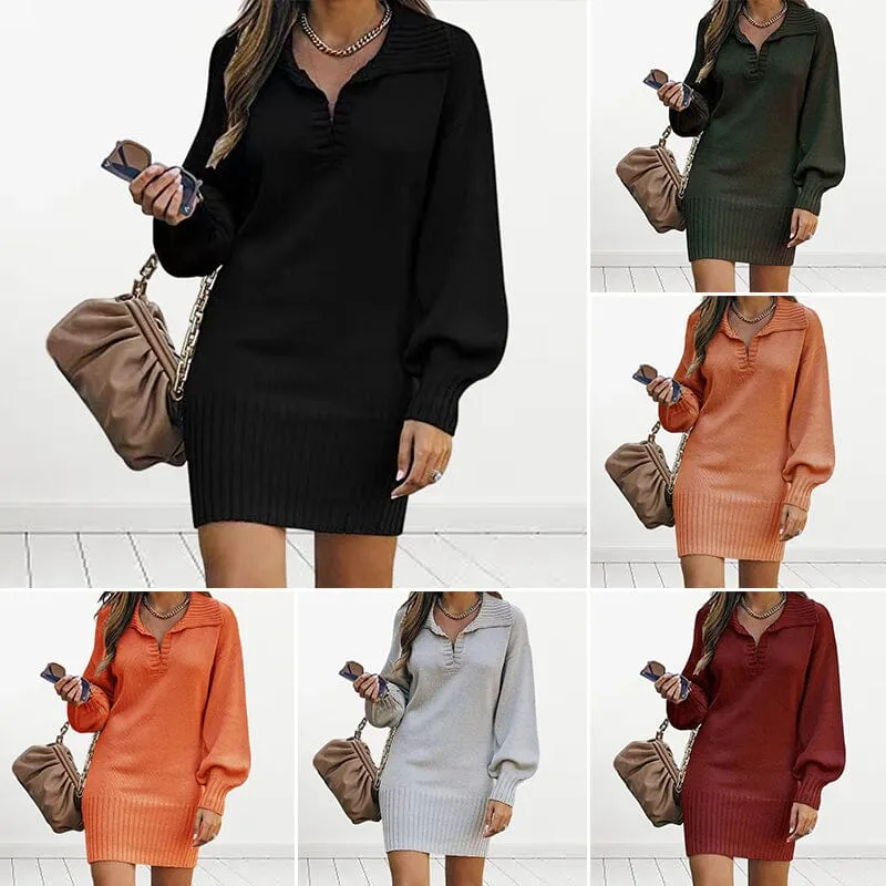 Lapel Lantern Sleeve Knit Solid Color Sweater Dress