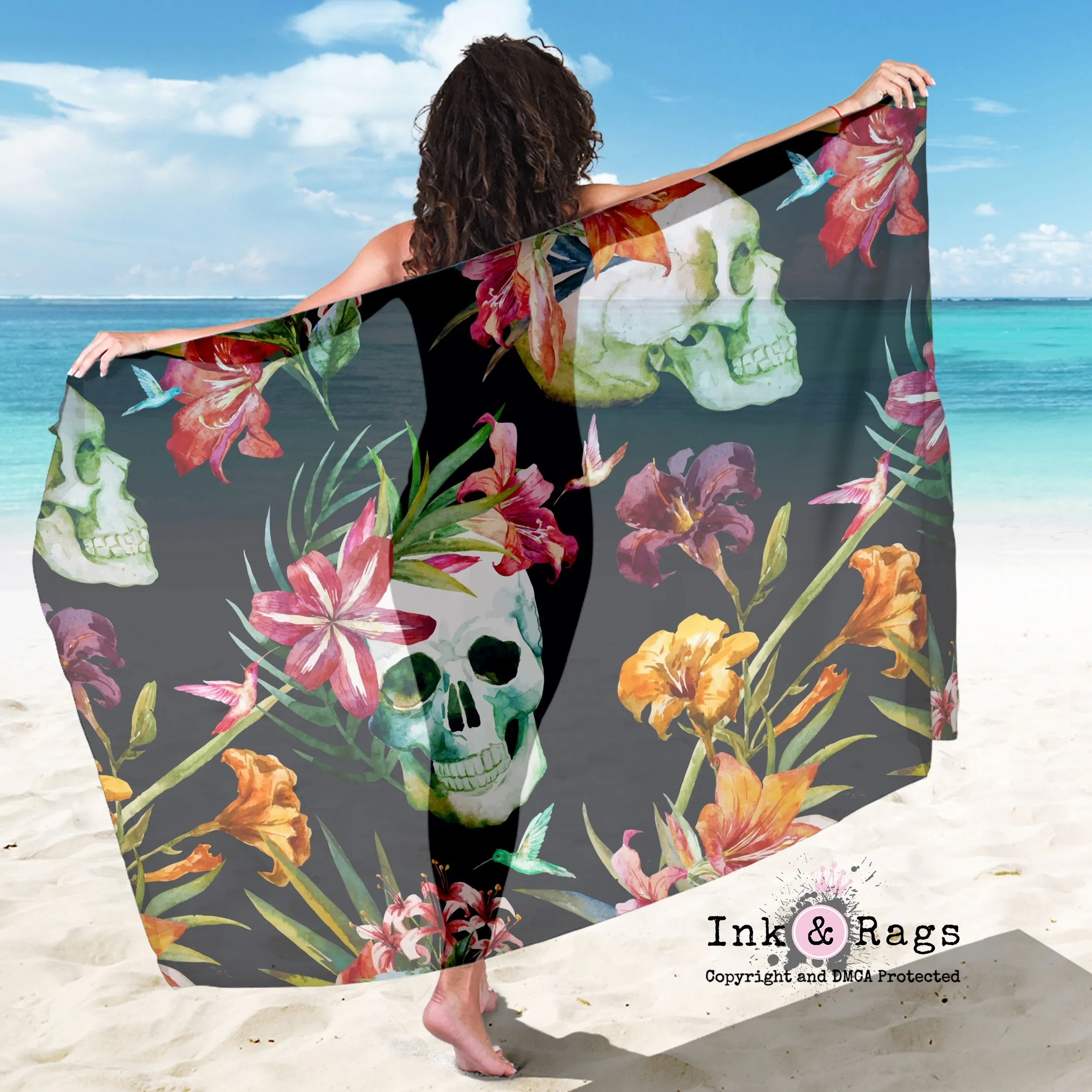 Large Sheer Tropical Lily Skull Scarf, Sarong, Shawl