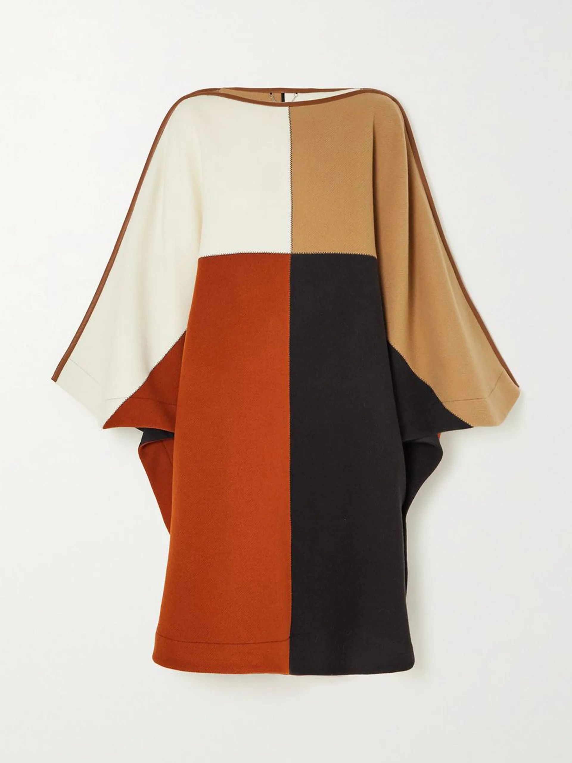 Leather-trimmed wool-blend poncho