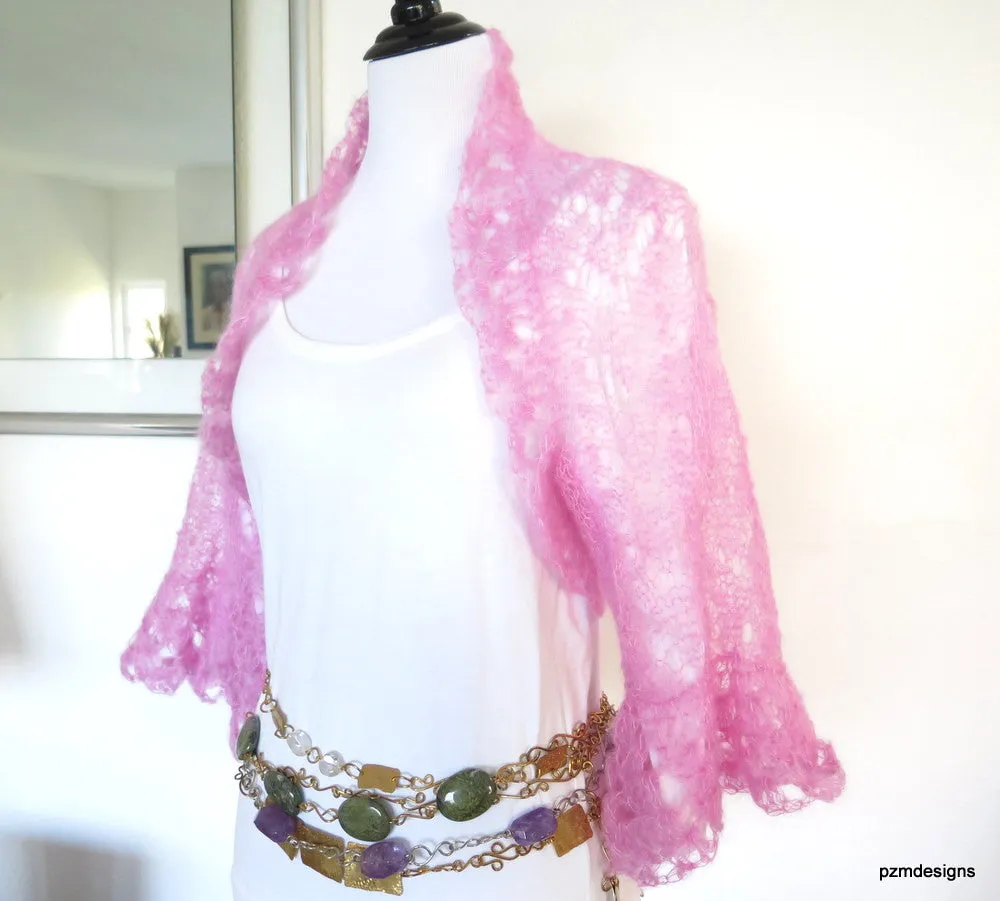 Light Pink silk shrug, hand knit kid mohair and silk sweater shrug, luxury knitwear by PZM Designs