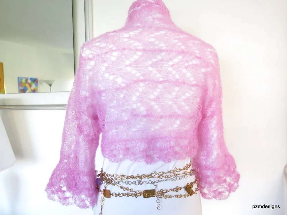 Light Pink silk shrug, hand knit kid mohair and silk sweater shrug, luxury knitwear by PZM Designs