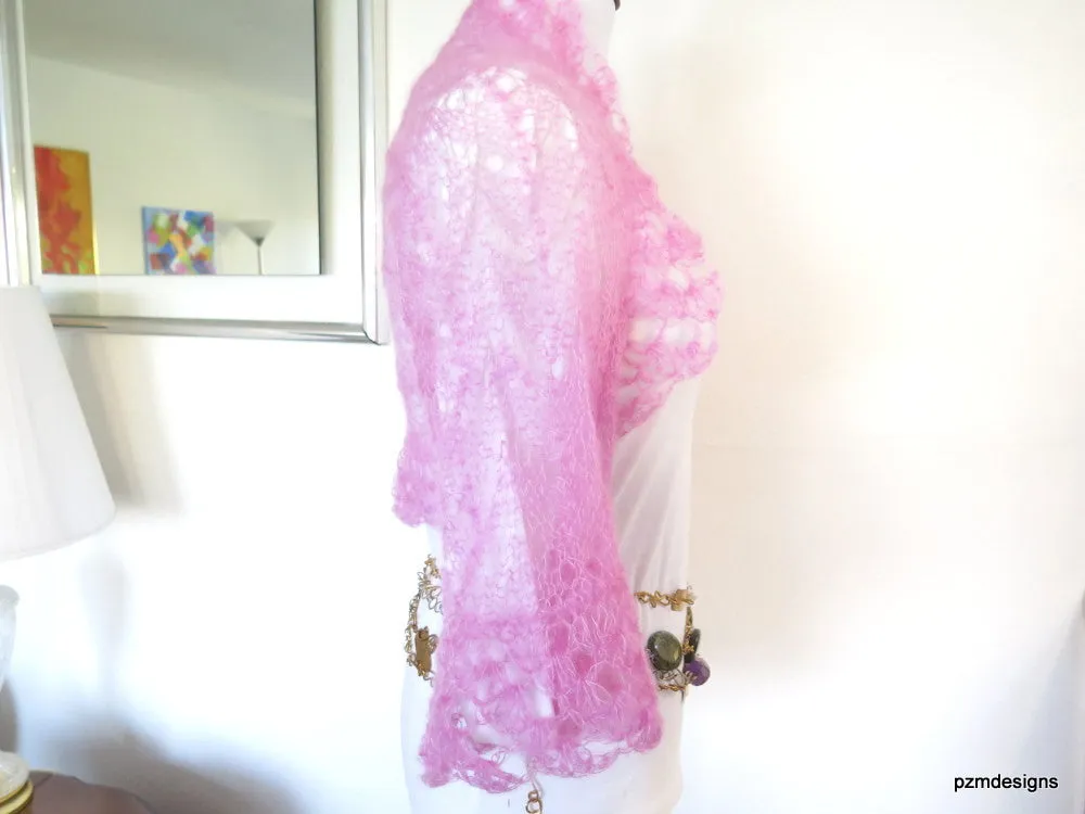 Light Pink silk shrug, hand knit kid mohair and silk sweater shrug, luxury knitwear by PZM Designs