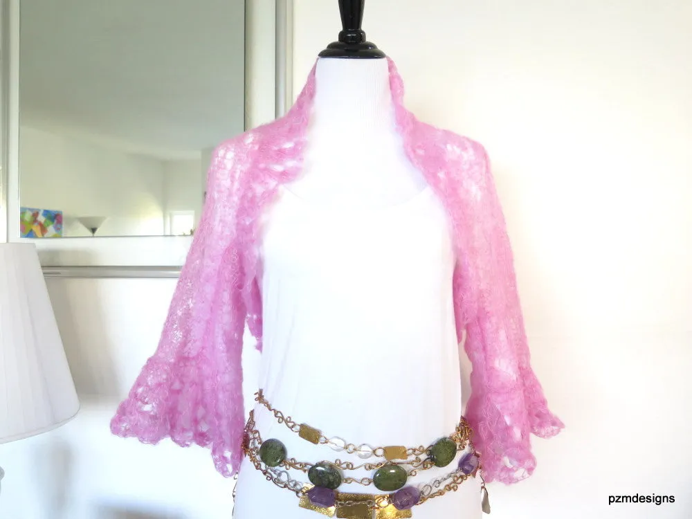 Light Pink silk shrug, hand knit kid mohair and silk sweater shrug, luxury knitwear by PZM Designs