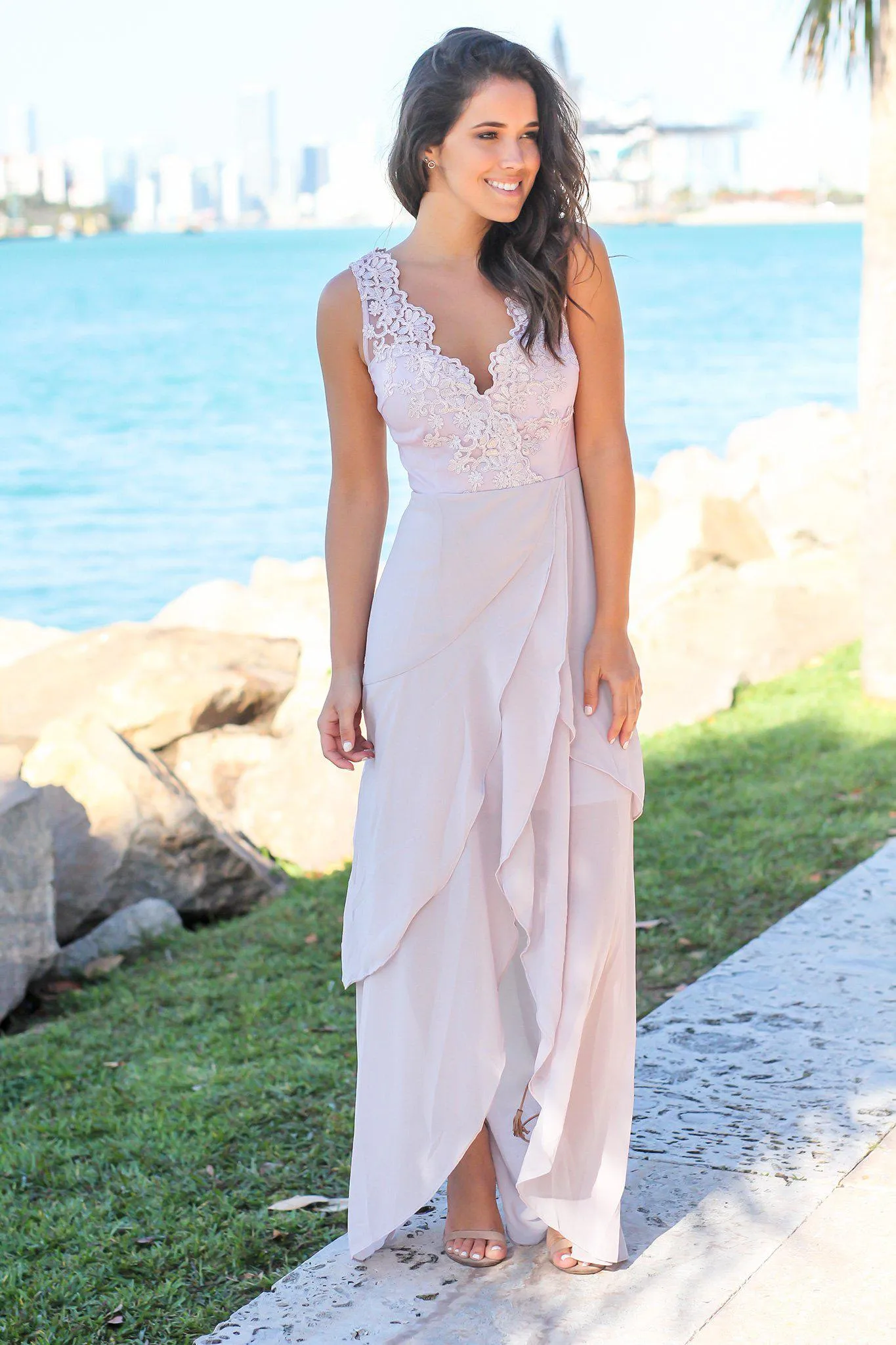 Lilac Gray Maxi Dress with Embroidered Top