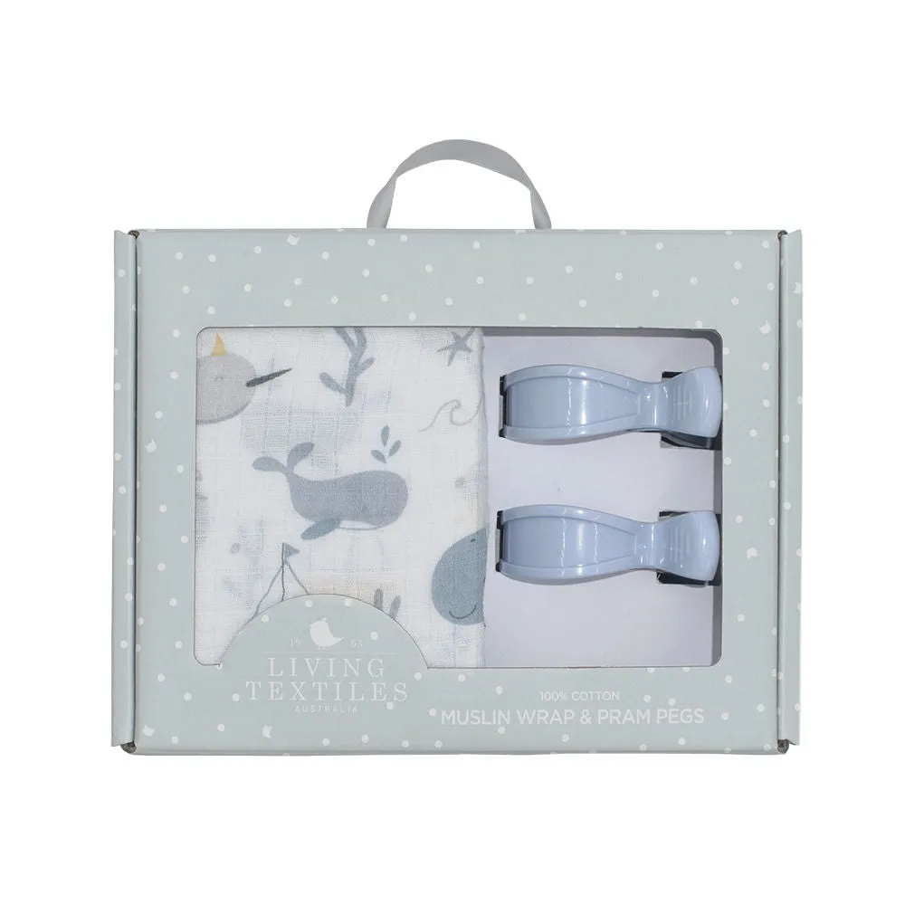 Living Textiles Muslin Swaddle & Pram Pegs - Whale