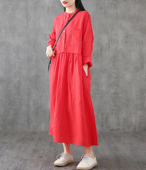 Long Sleeve Summer Spring Cotton Linen Women loose Dresses DZA2061