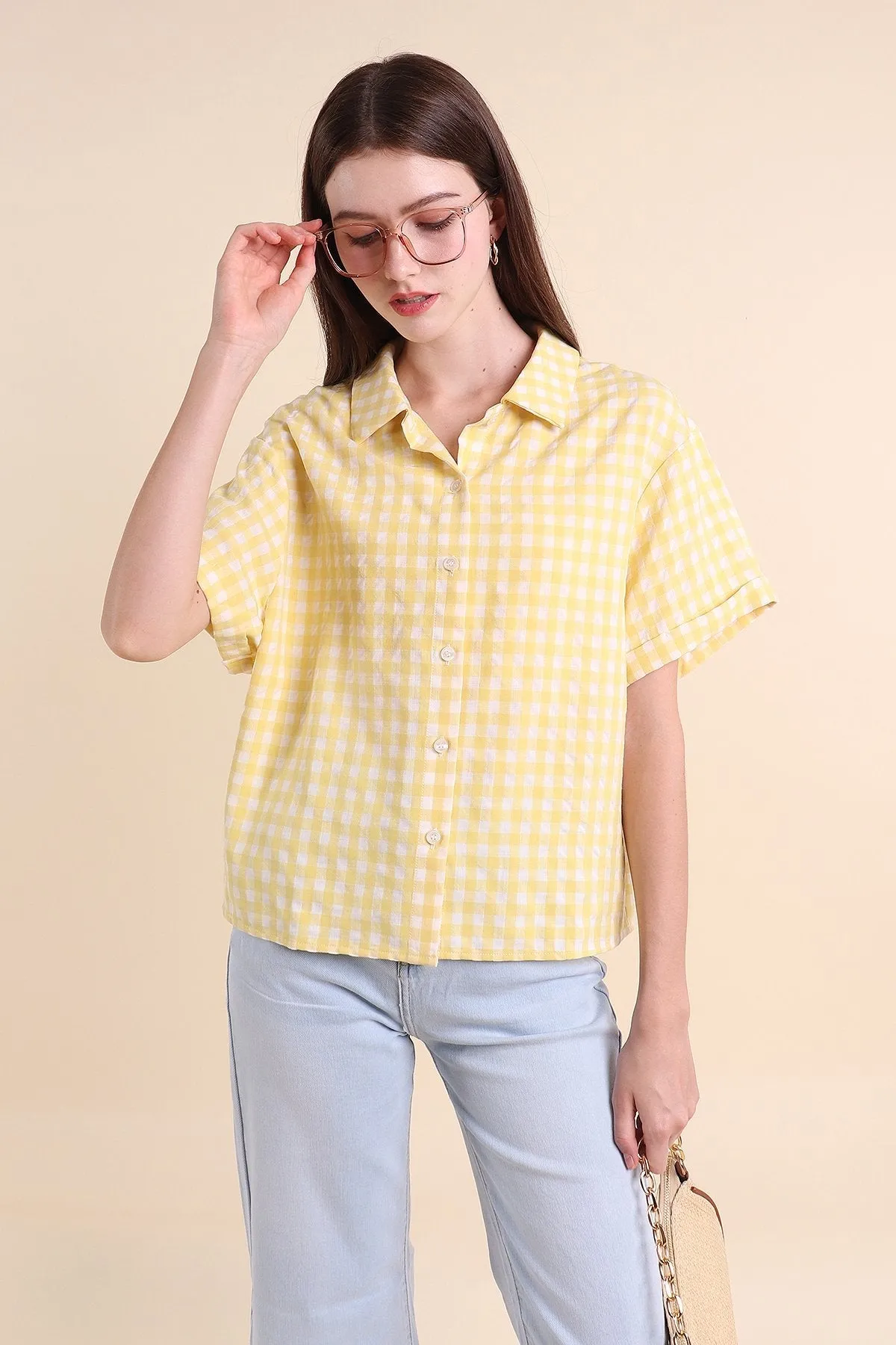 MADEBYNM ISOLA GINGHAM BUTTONED SHIRT IN YELLOW