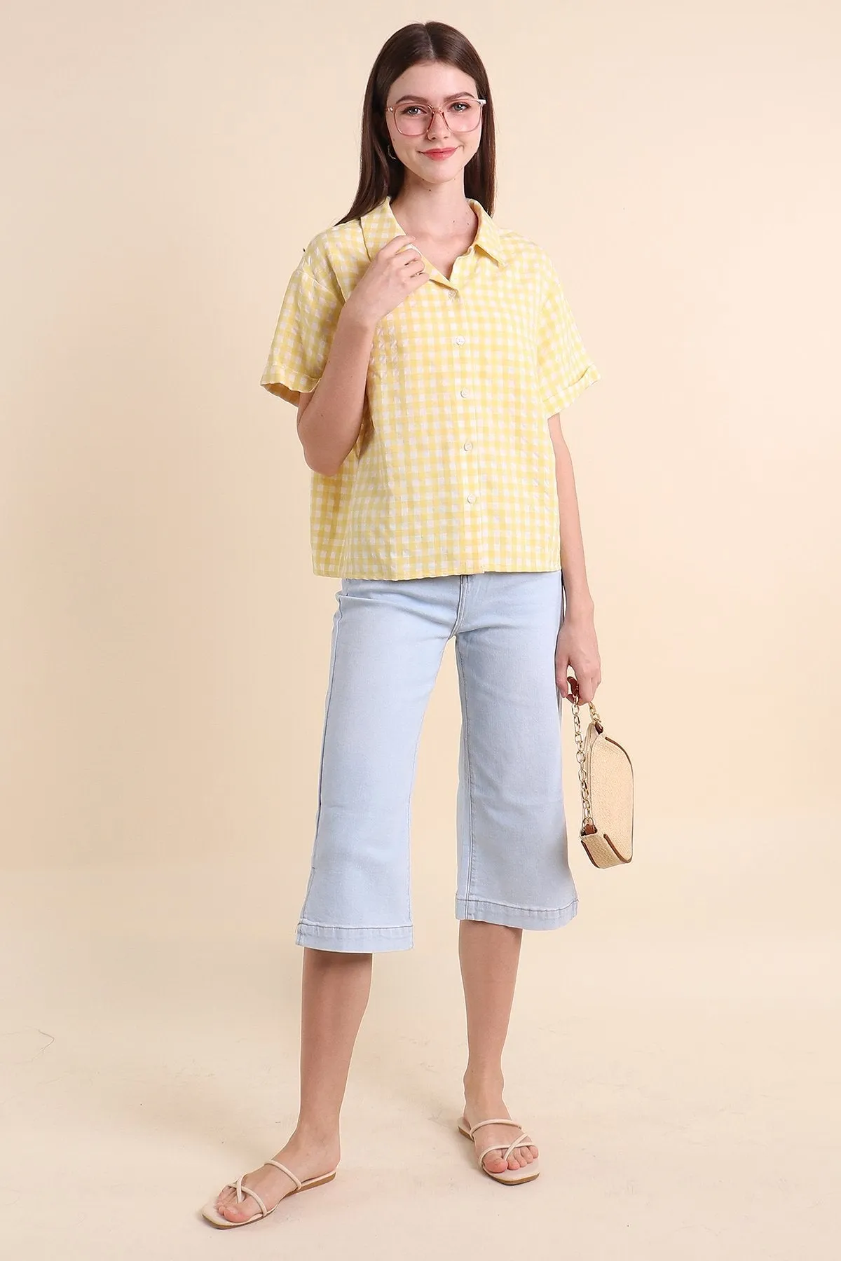 MADEBYNM ISOLA GINGHAM BUTTONED SHIRT IN YELLOW