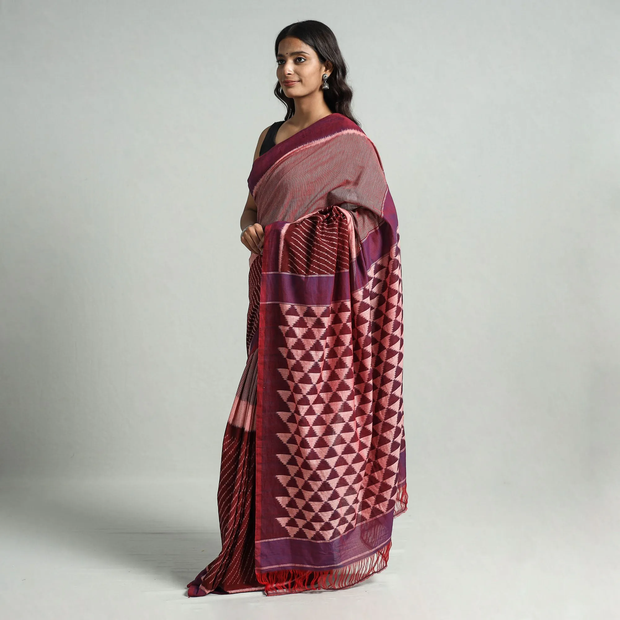 Maroon - Pochampally Ikat Weave Handloom Cotton Saree 21