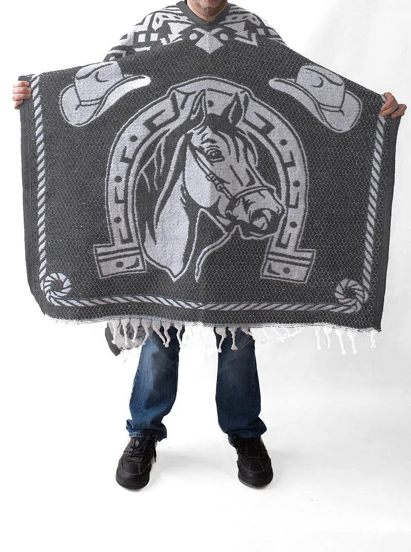 Men's Mexican Poncho - Two Horses - GREY