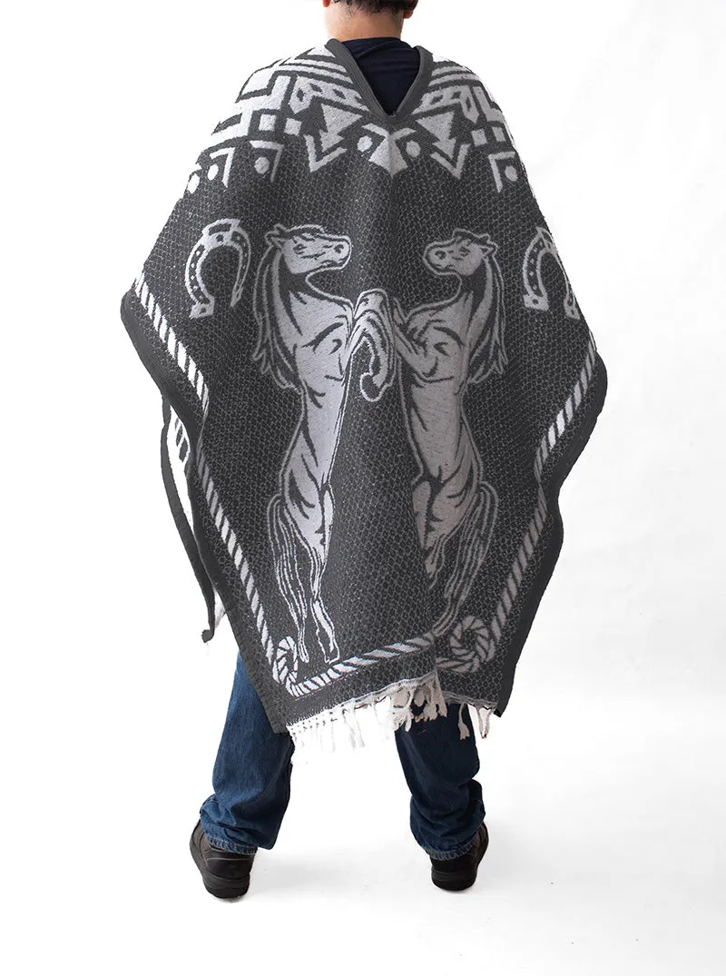 Men's Mexican Poncho - Two Horses - GREY