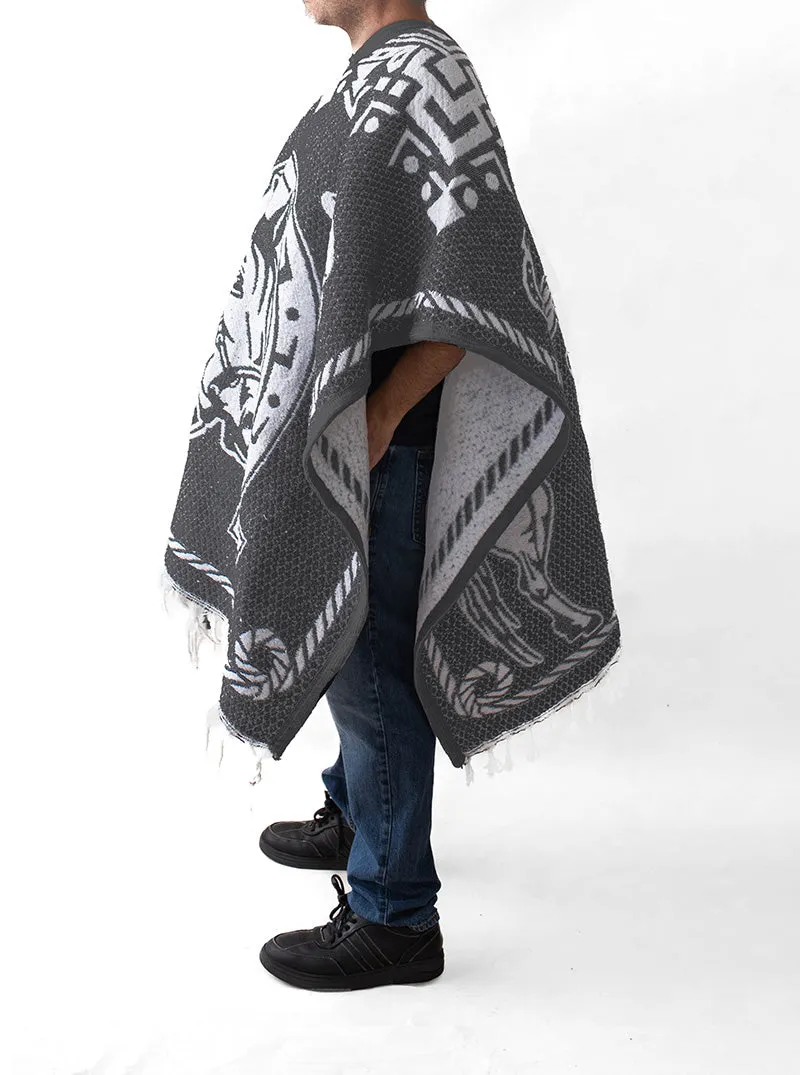 Men's Mexican Poncho - Two Horses - GREY