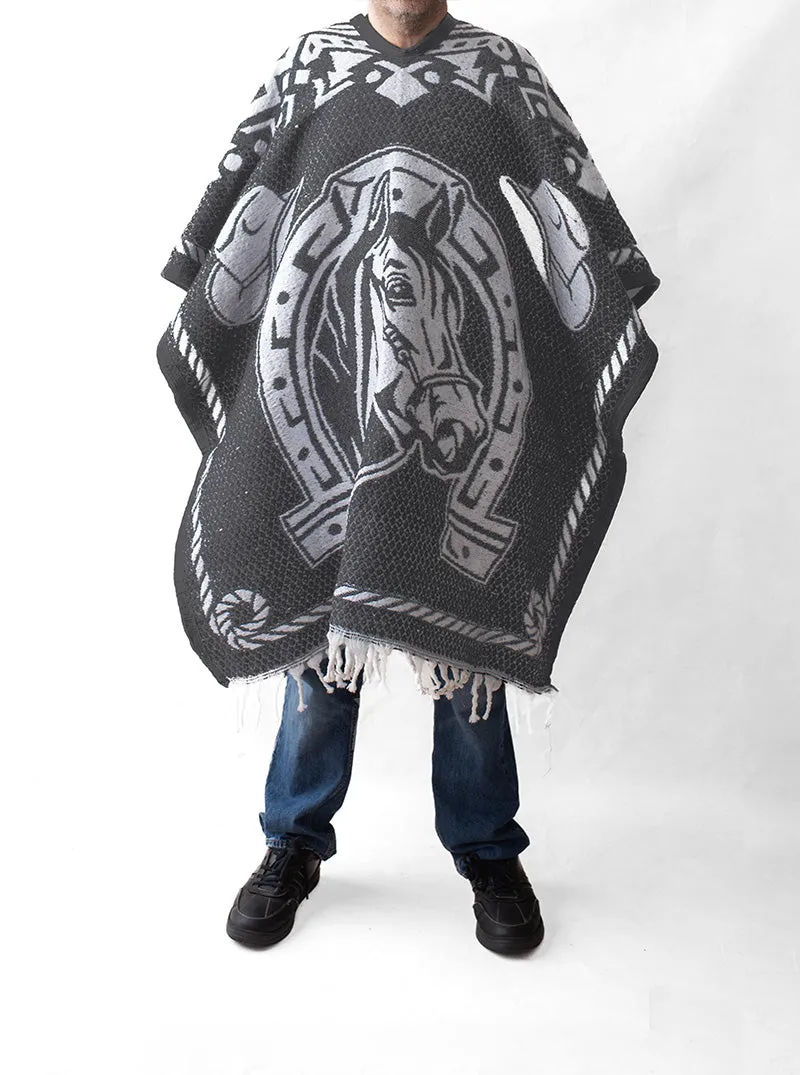 Men's Mexican Poncho - Two Horses - GREY