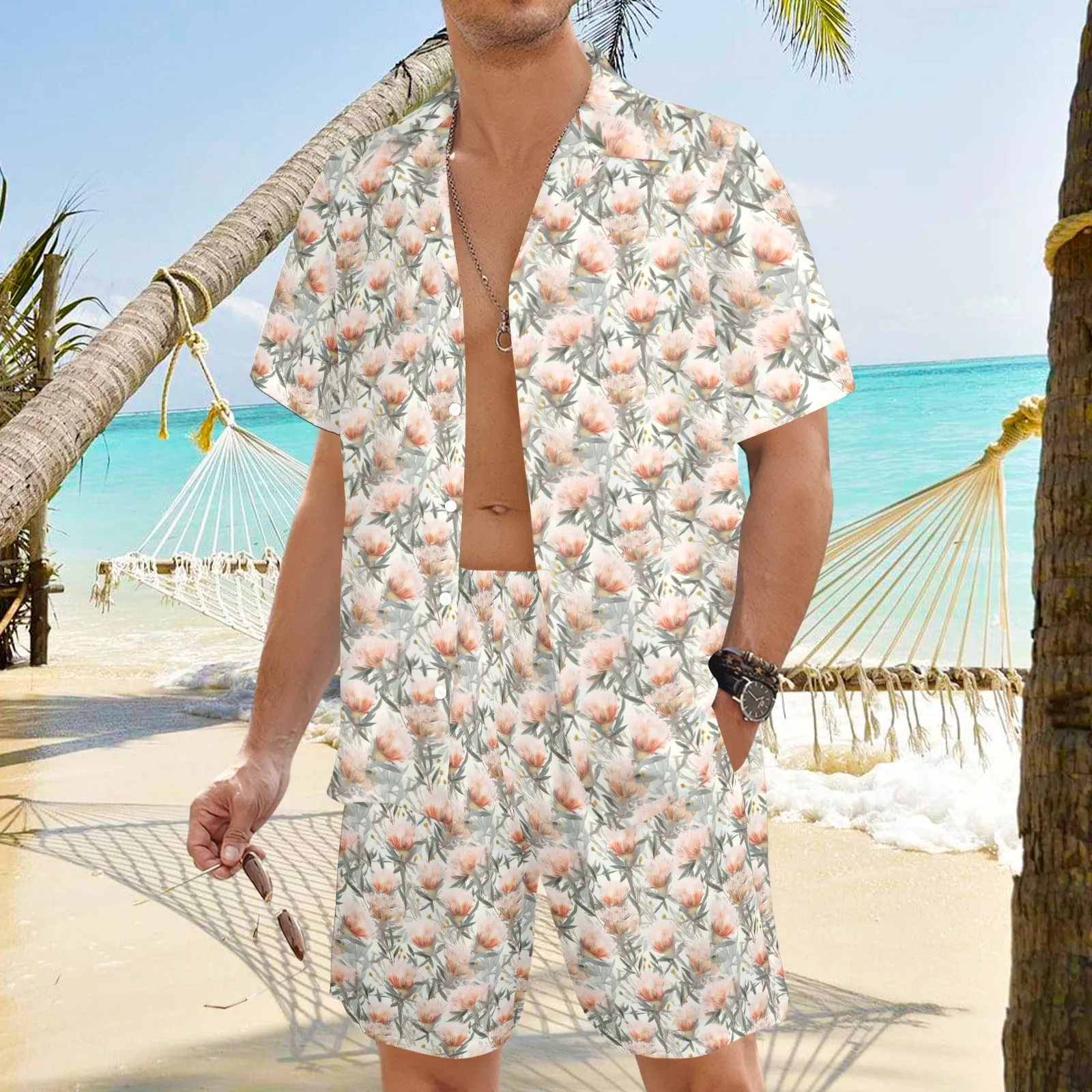 Men's Shirt & Shorts Set Australian Floral Men's Shirt and Shorts Outfit (Set26)