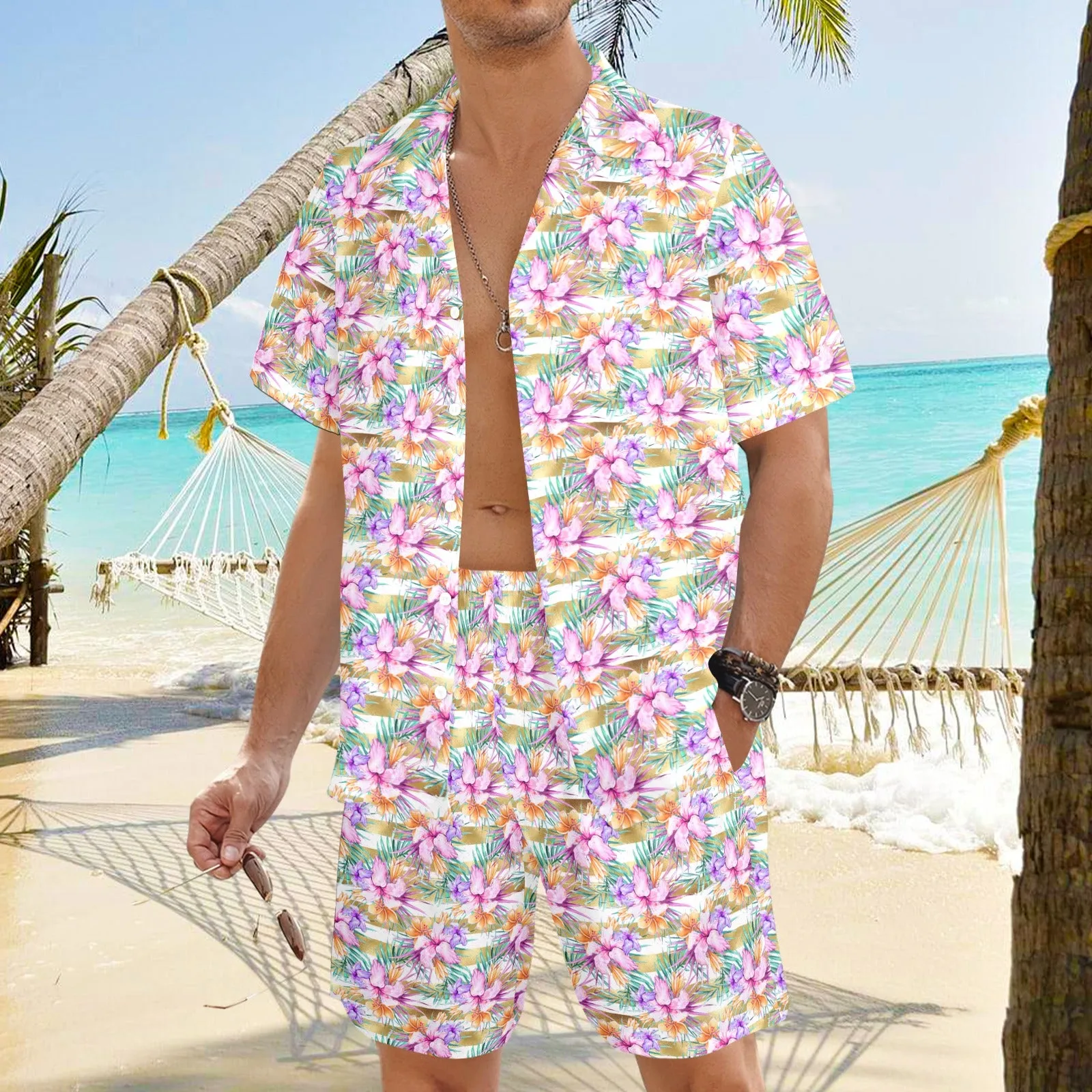 Men's Shirt & Shorts Set Hibiscus Stripes Men's Shirt and Shorts Outfit (Set26)