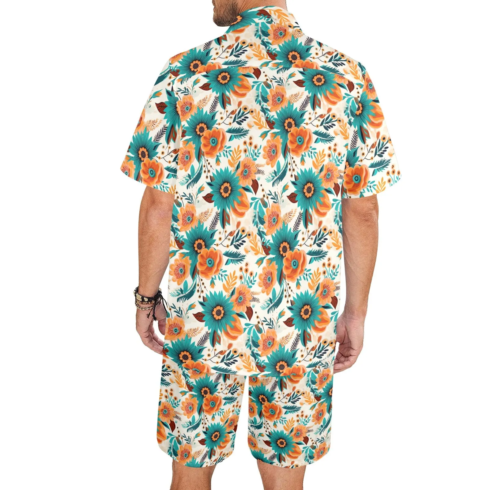 Men's Shirt & Shorts Set Retro Boho Flowers Men's Shirt and Shorts Outfit (Set26)