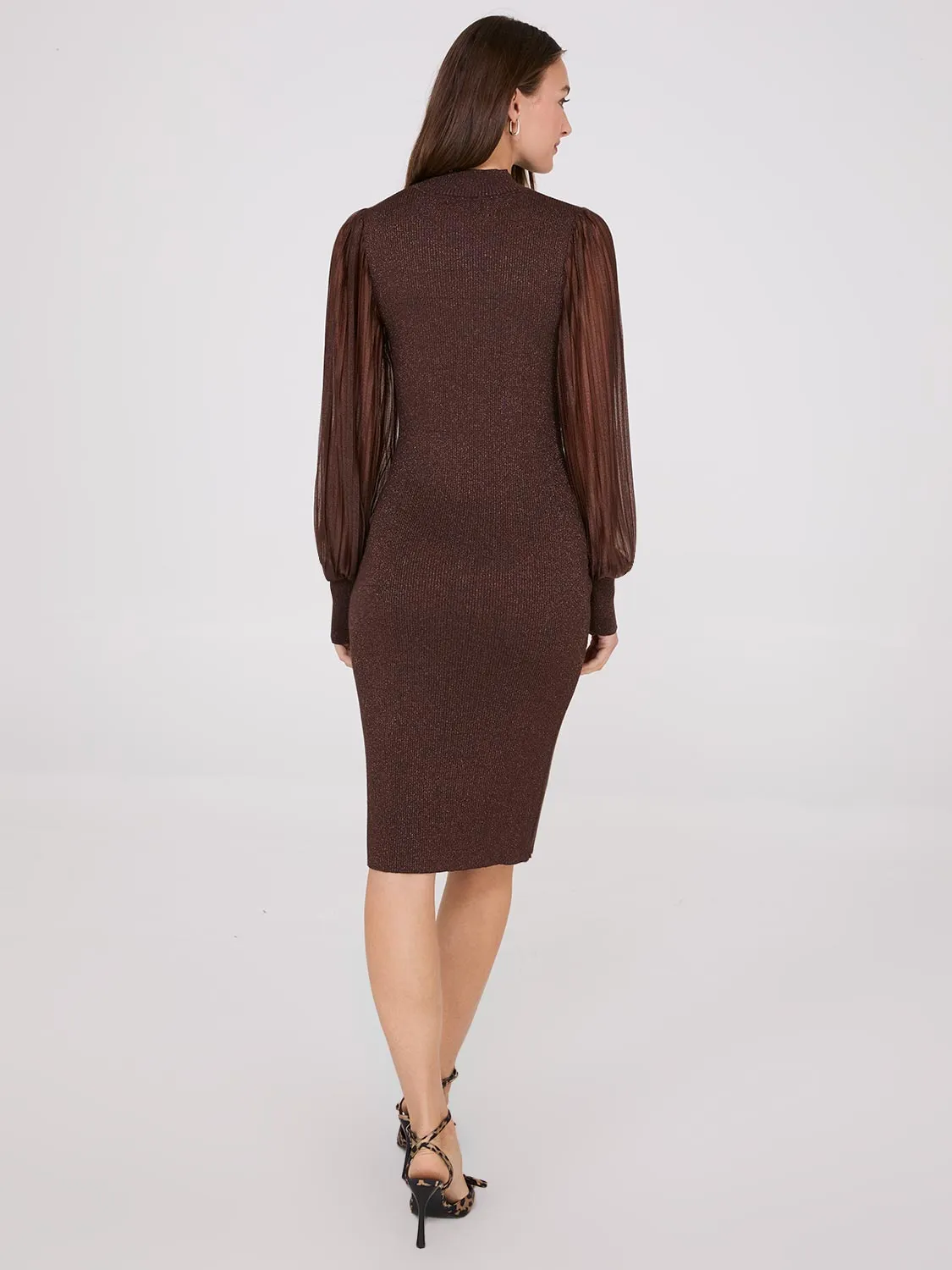 Metallic Mock Neck Midi Dress With Plisse Sleeves