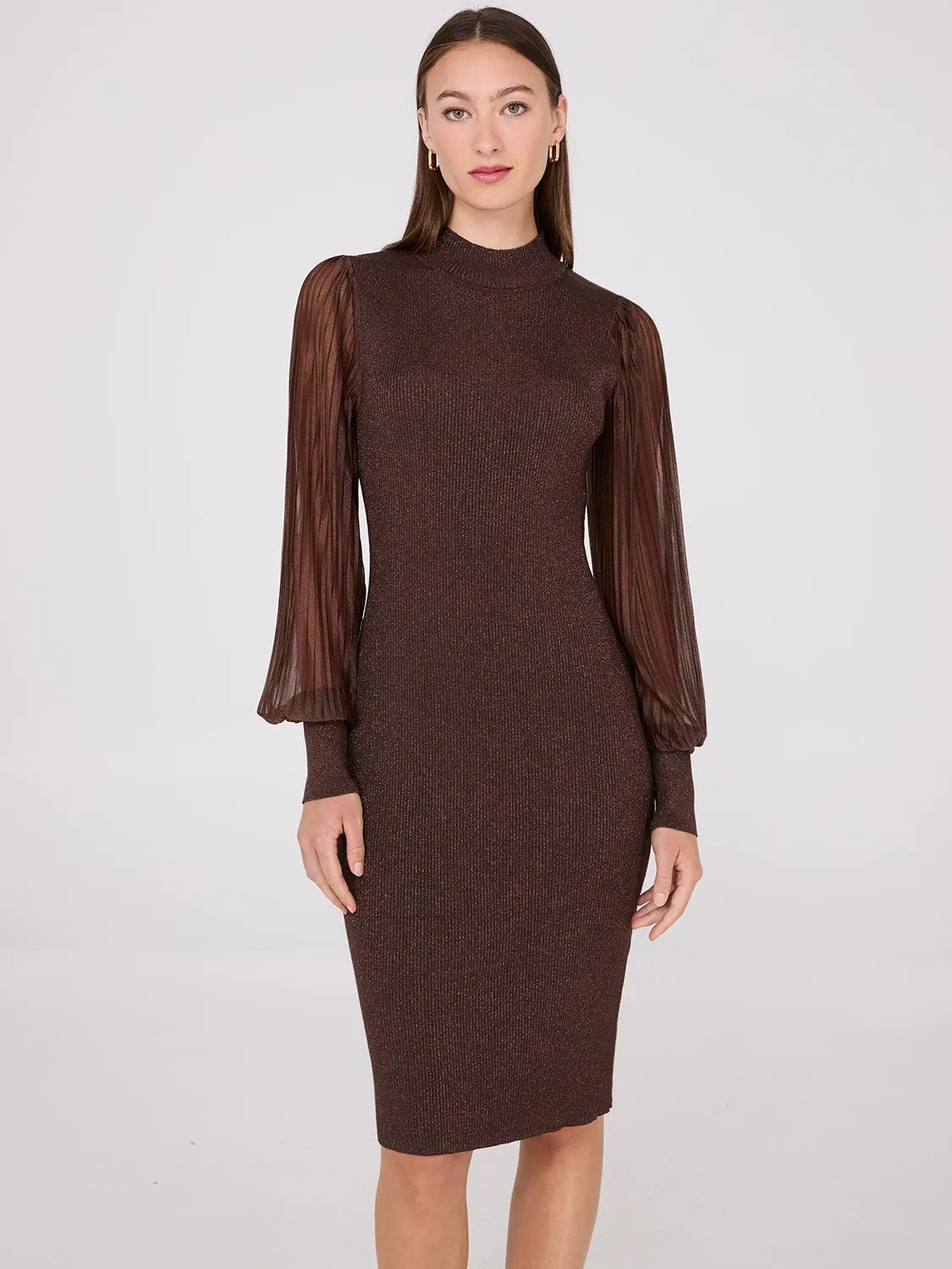 Metallic Mock Neck Midi Dress With Plisse Sleeves