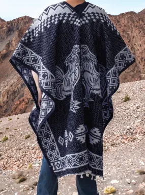 Mexican Alpaca Poncho for Men - Roosters Facing - BLUE