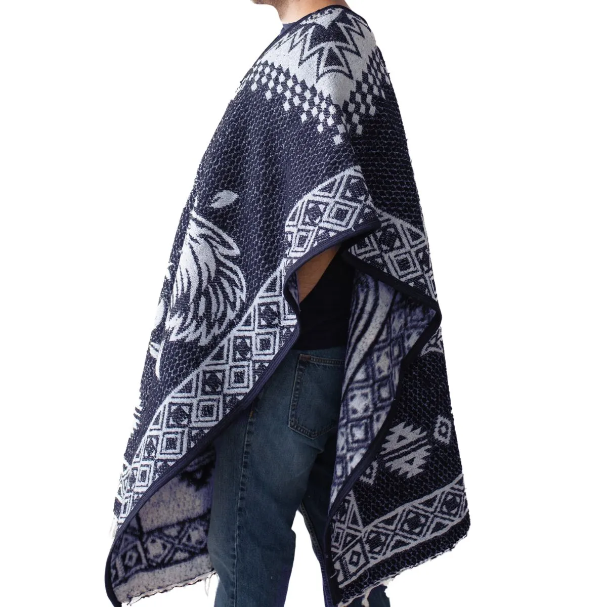 Mexican Alpaca Poncho for Men - Roosters Facing - BLUE