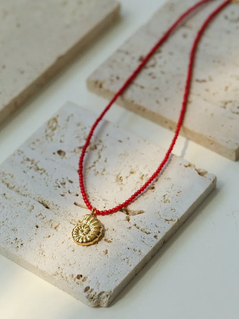 Mini Red Coral Beads Seashell Pendant