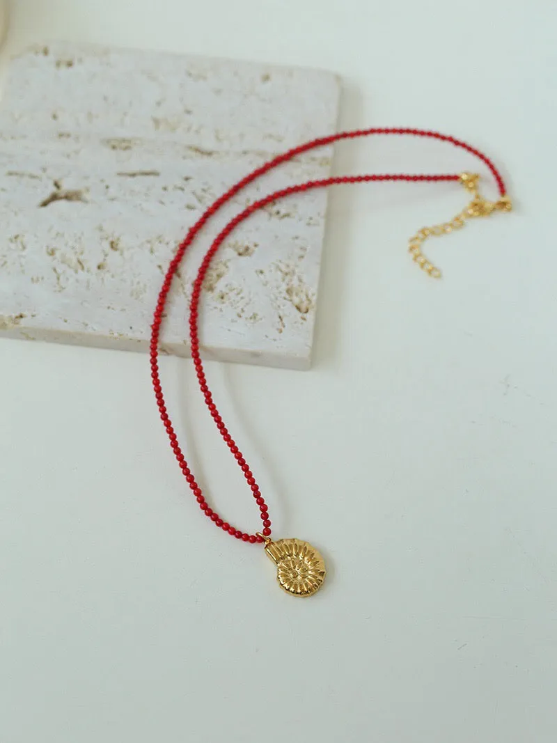 Mini Red Coral Beads Seashell Pendant