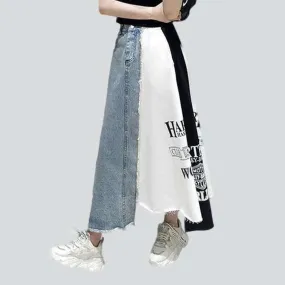 Mixed fabrics long denim skirt