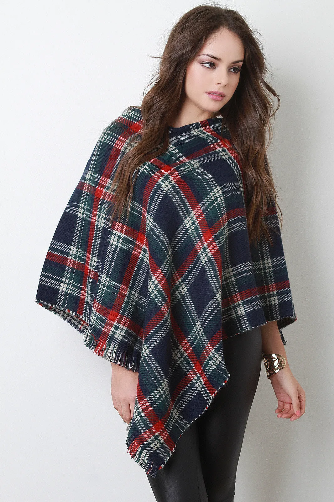 Multicolor Tartan Reversible Poncho