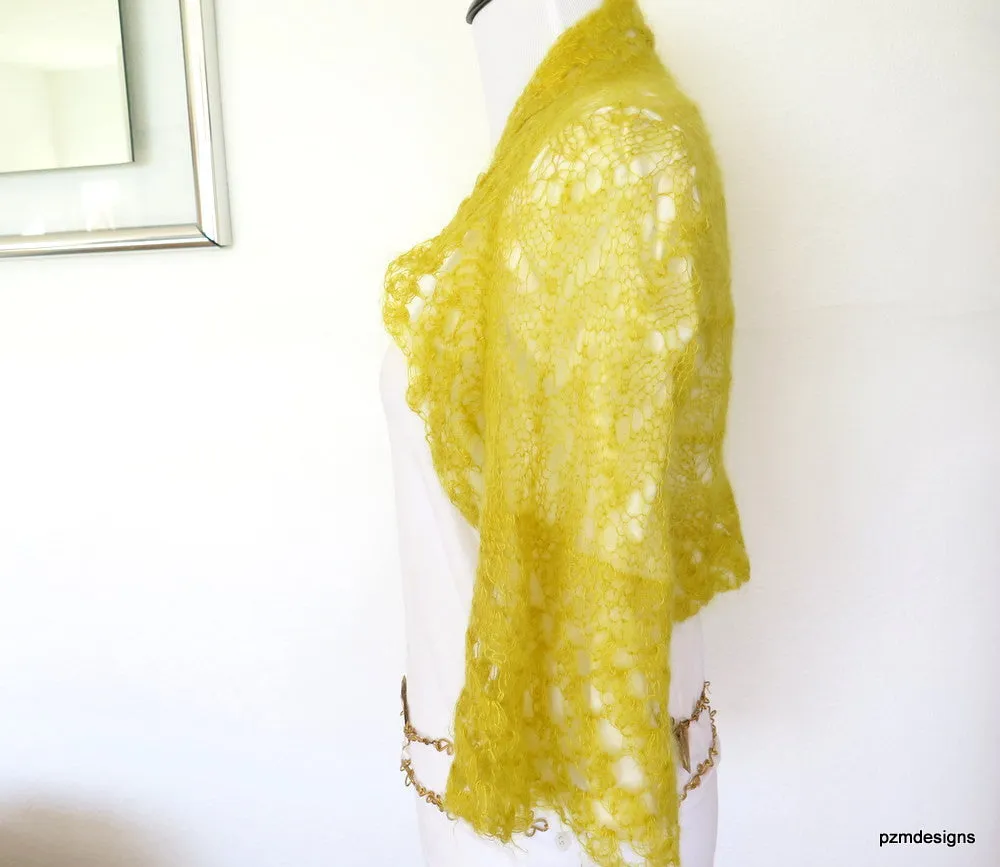 Mustard Yellow Mohair Sweater Shrug, yellow silk and kid mohair, hand knit luxury bolero cardigan