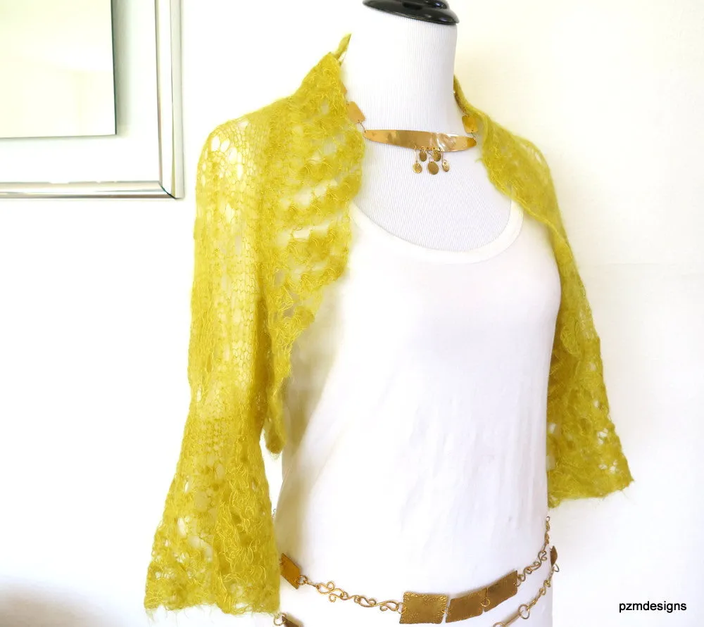 Mustard Yellow Mohair Sweater Shrug, yellow silk and kid mohair, hand knit luxury bolero cardigan