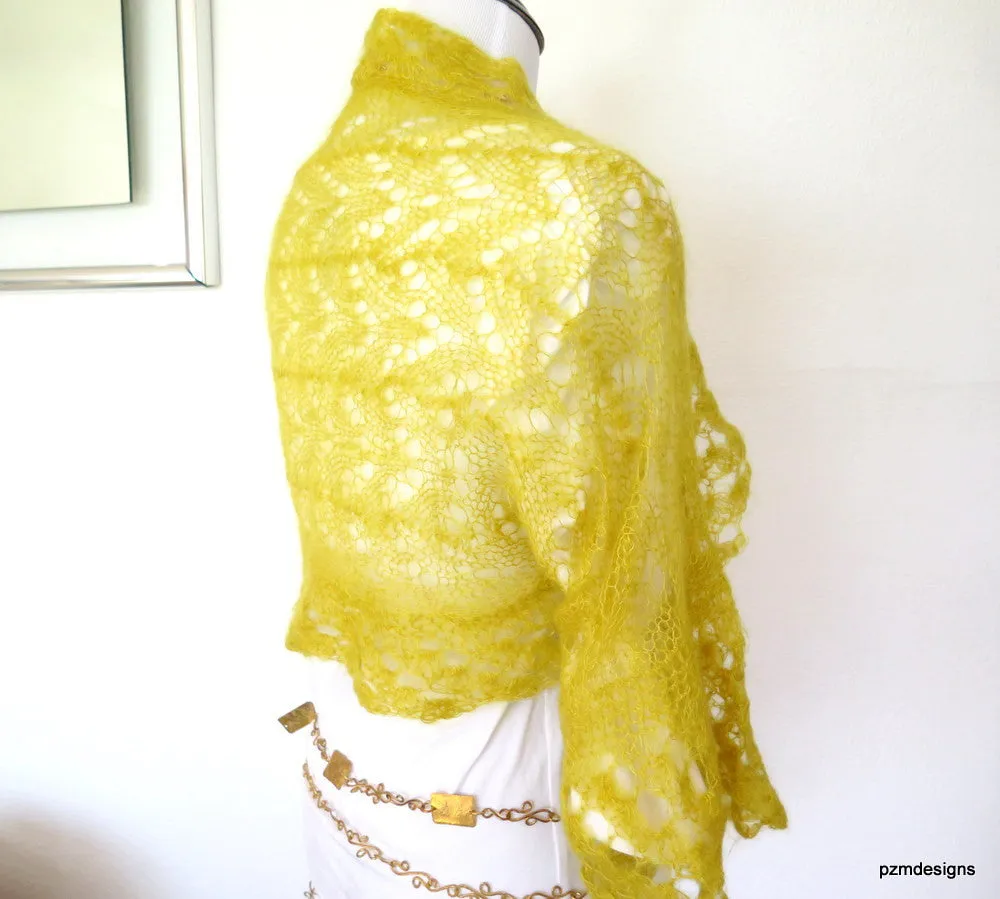 Mustard Yellow Mohair Sweater Shrug, yellow silk and kid mohair, hand knit luxury bolero cardigan