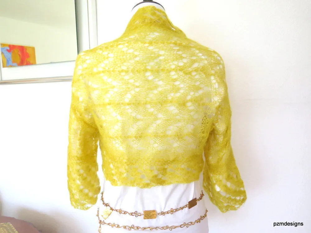 Mustard Yellow Mohair Sweater Shrug, yellow silk and kid mohair, hand knit luxury bolero cardigan