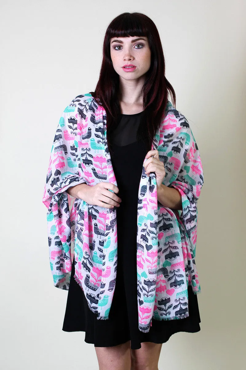 Mystic Birds, Hearts and Flowers Print Scarf