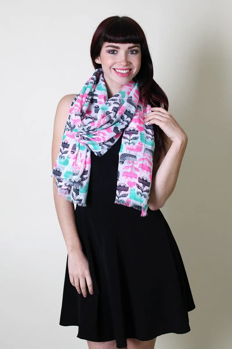 Mystic Birds, Hearts and Flowers Print Scarf