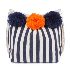 Navy & White Stripe Pom Pom Clutch