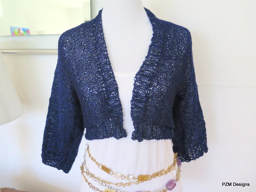 Navy blue cropped sweater, sparkly hand knit bolero cardigan