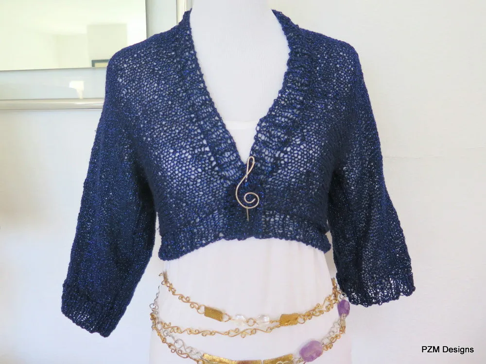 Navy blue cropped sweater, sparkly hand knit bolero cardigan