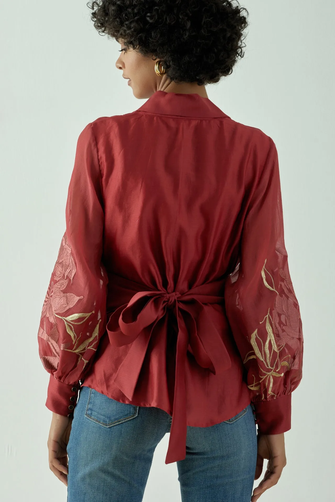 Niko - Sangria Wrap Top With An Obi Belt