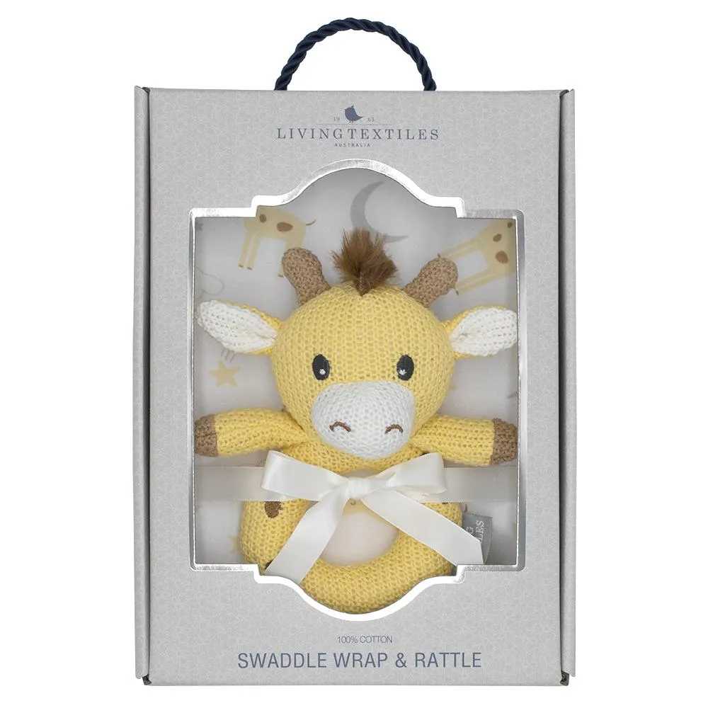 Noah Giraffe 2 Piece Jersey Cotton Swaddle & Rattle Gift Set