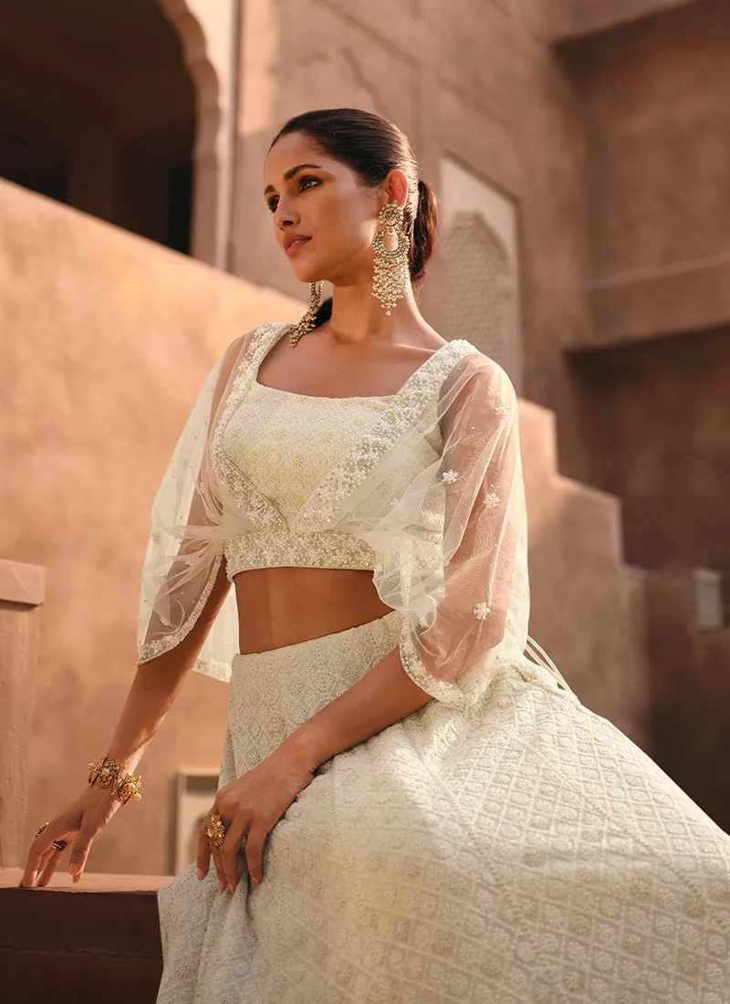 Off White Lucknowi Embroidery Designer Lehenga Choli