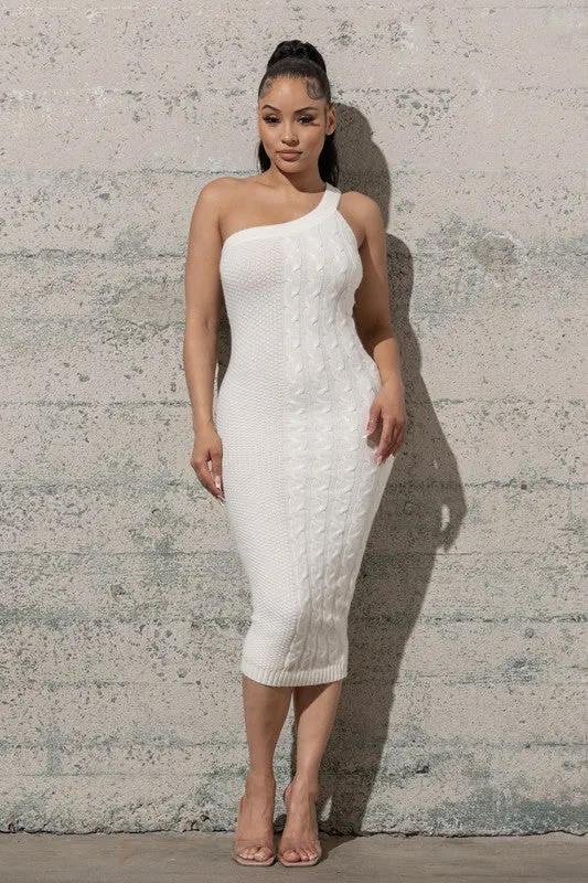 ONE SHOULDER MIDI BODYCON SWEATER DRESS