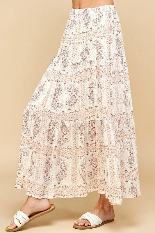 Paisley Print Tiered Layered Maxi Skirt - Taupe