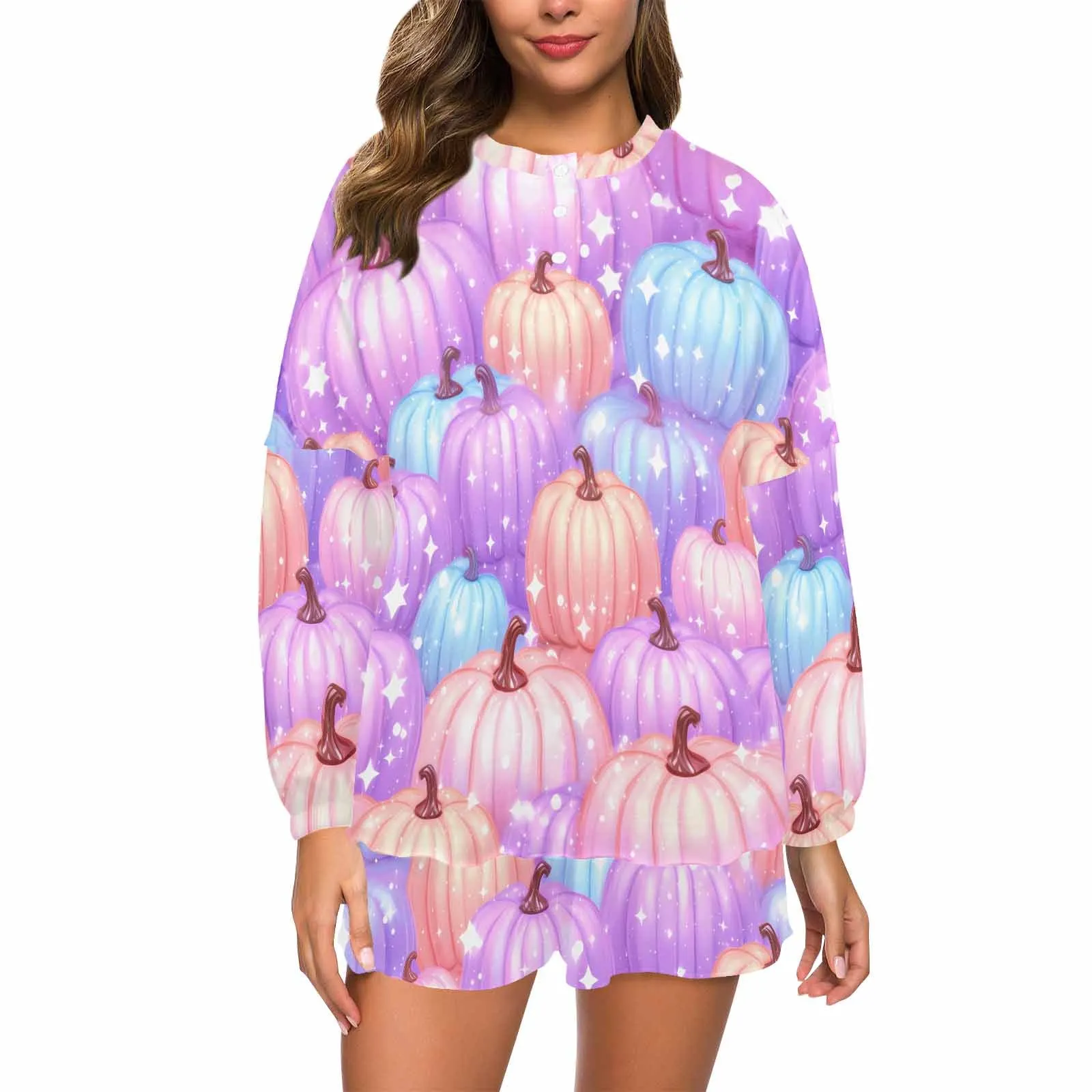 Pastel Pumpkin  Women's Long Sleeve Pajama Set with Shorts